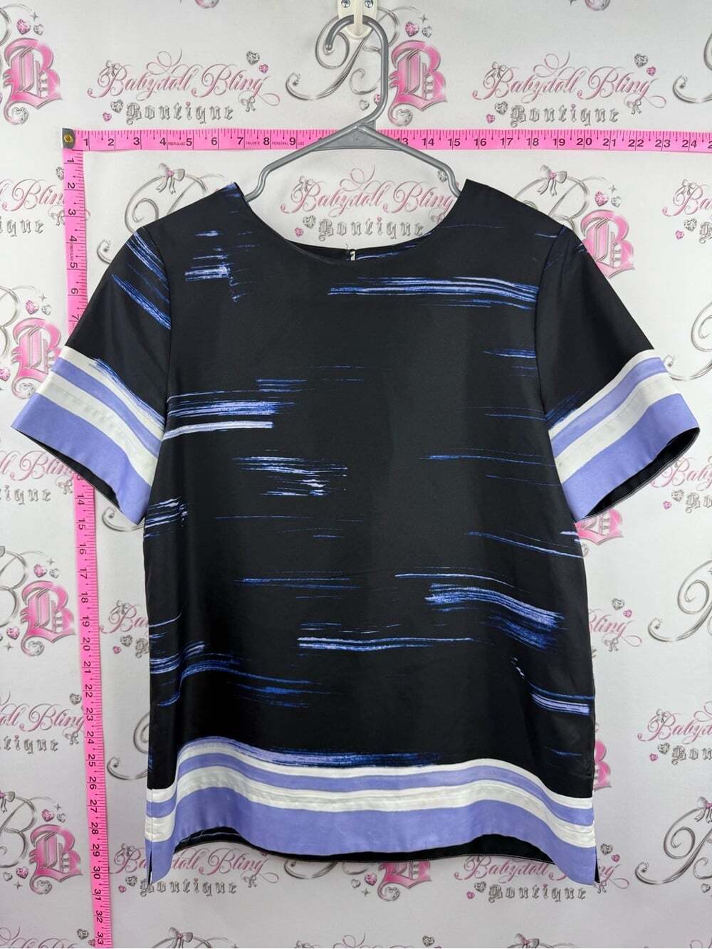 Banana Republic Black Top with Blue Brushstroke and Lavender Trim